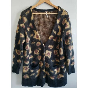 Free People Black and Brown Leopard Cardigan